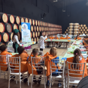 Taller educativo para escolares entre barricas de vino en la Bodega Carpe Diem